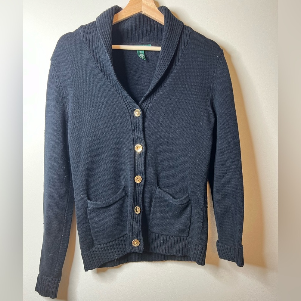 Ralph Lauren Womens Cardigan Sweater Medium Black Gold Button Cotton Sz M Preppy